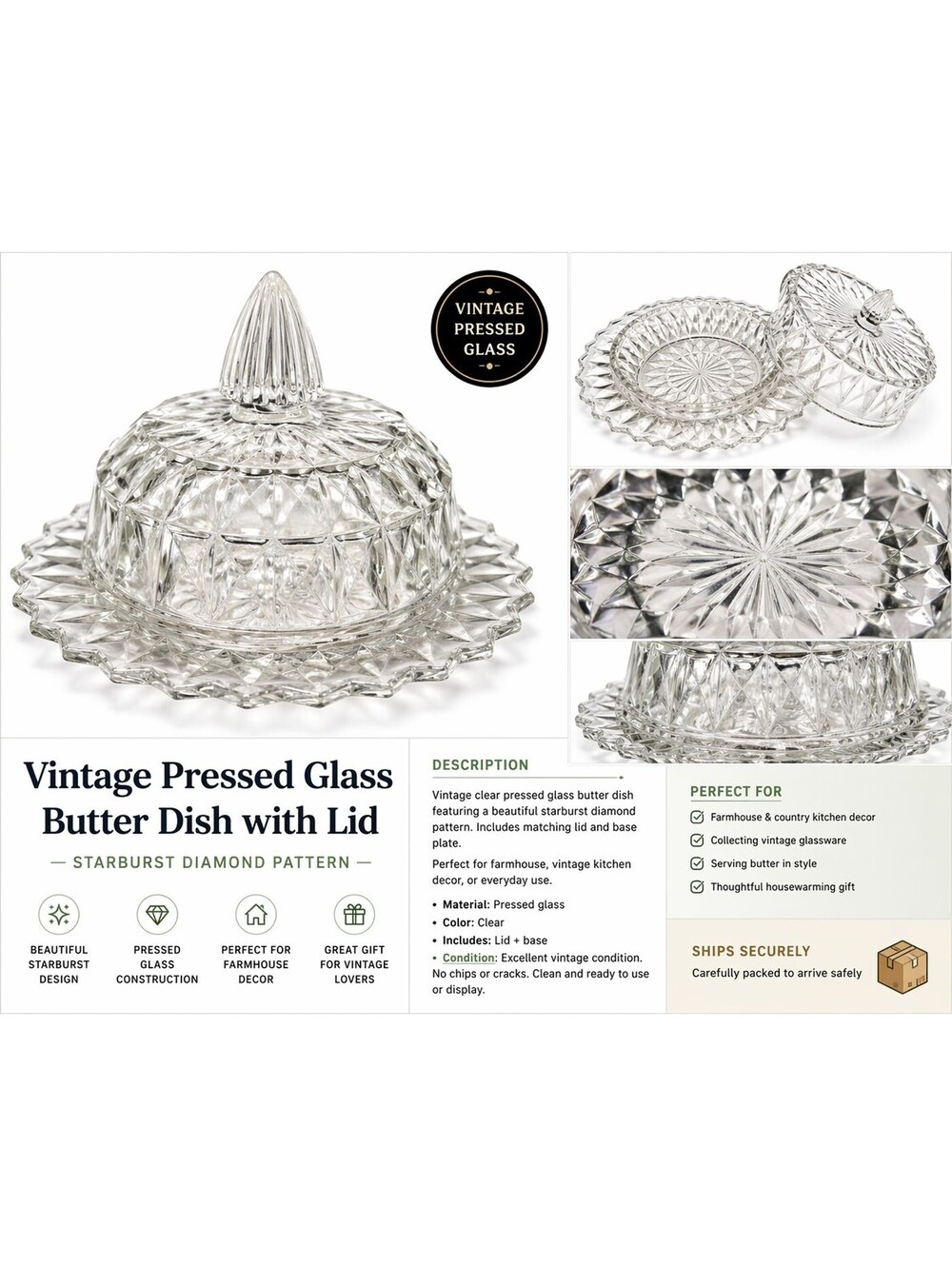 Vintage Pressed Glass Butter Dish w/ Lid Starburst Diamond Pattern Clear...